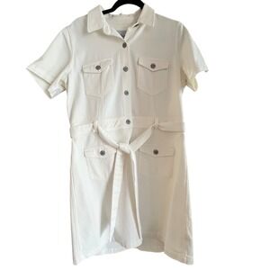 Rails White Denim Shirt Cotton Dress with Belt Button Down Utility Pockets L‎